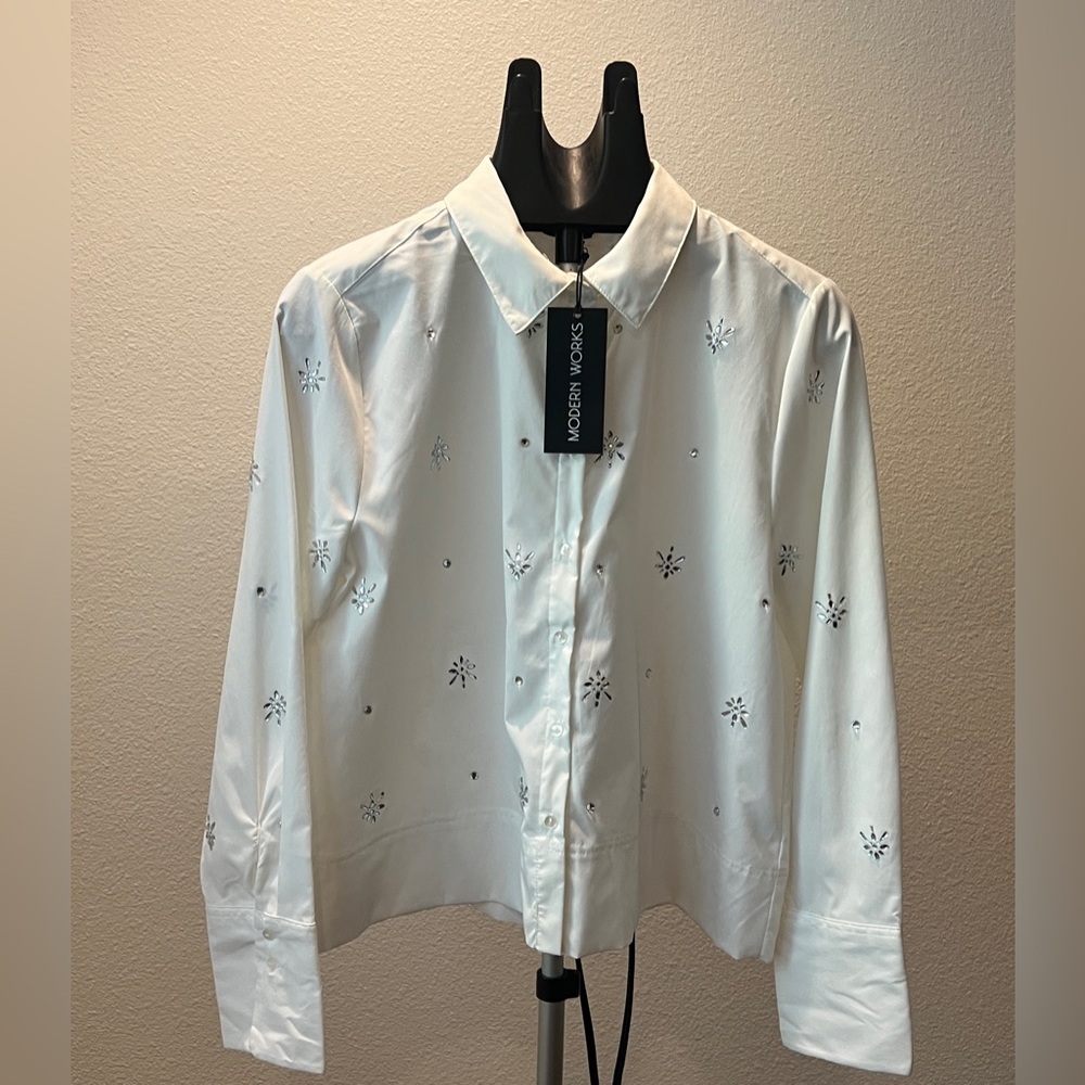 Modern Works White Embellished Button-Up Shirt Jacket Size L